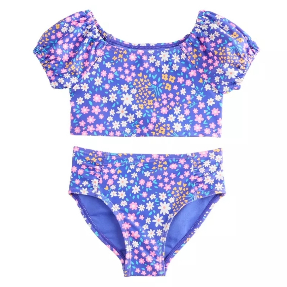 Jumping Beans Puff Sleeve Tankini & Floral Printed Swim Bottoms Set